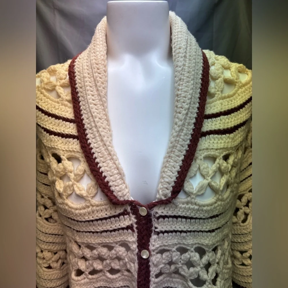 Vintage 60s One of a Kind Hand Crocheted Ivory with Brown Trim Sweater Jacket - Picture 3 of 9